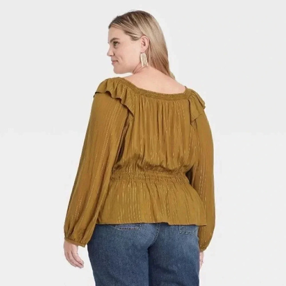 Balloon Sleeve green brown & golden metallic Peplum Blouse - Universal Thread xl - Picture 3 of 12
